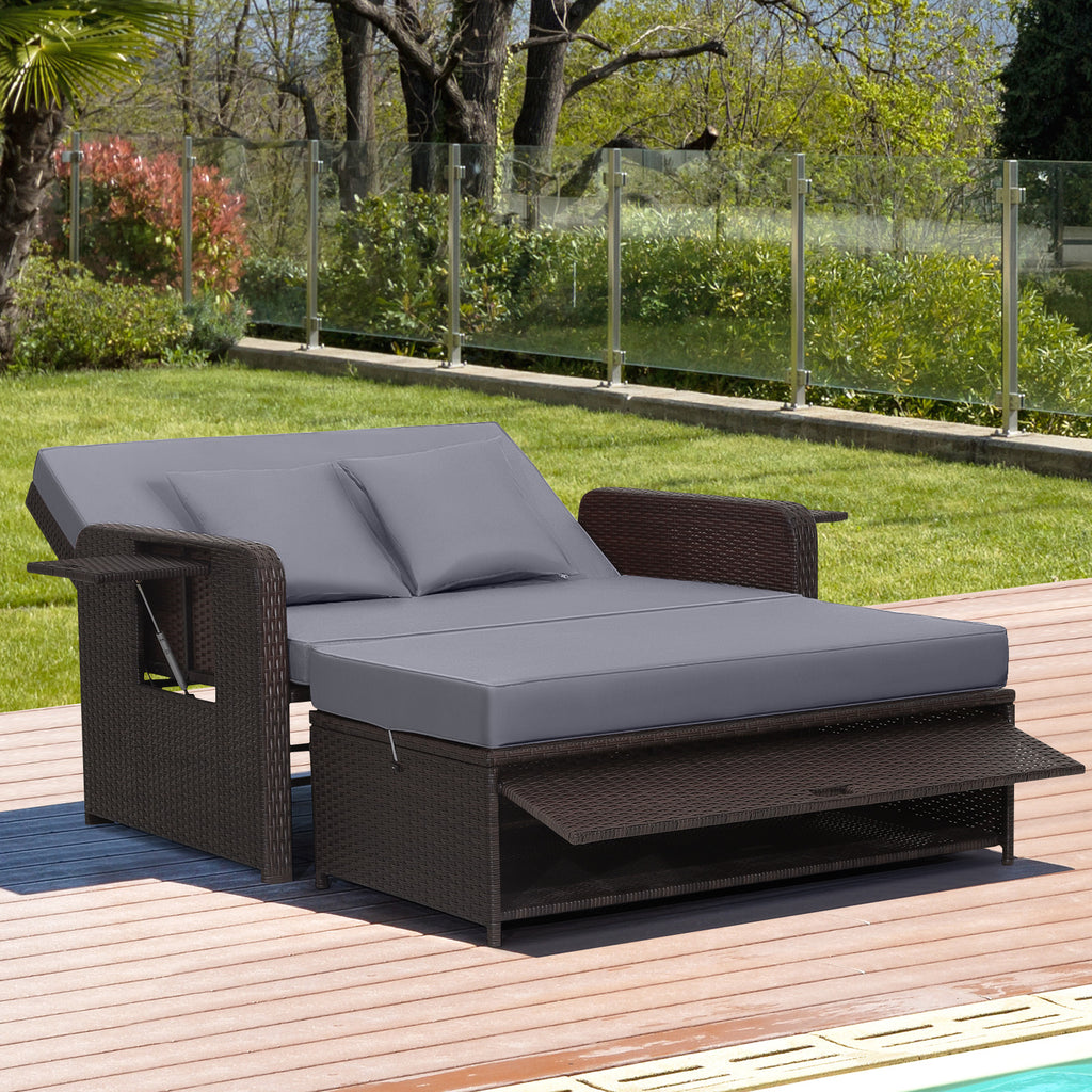 Patio Rattan Daybed with 4-Level Adjustable Backrest and Retractable Side Tray – Black