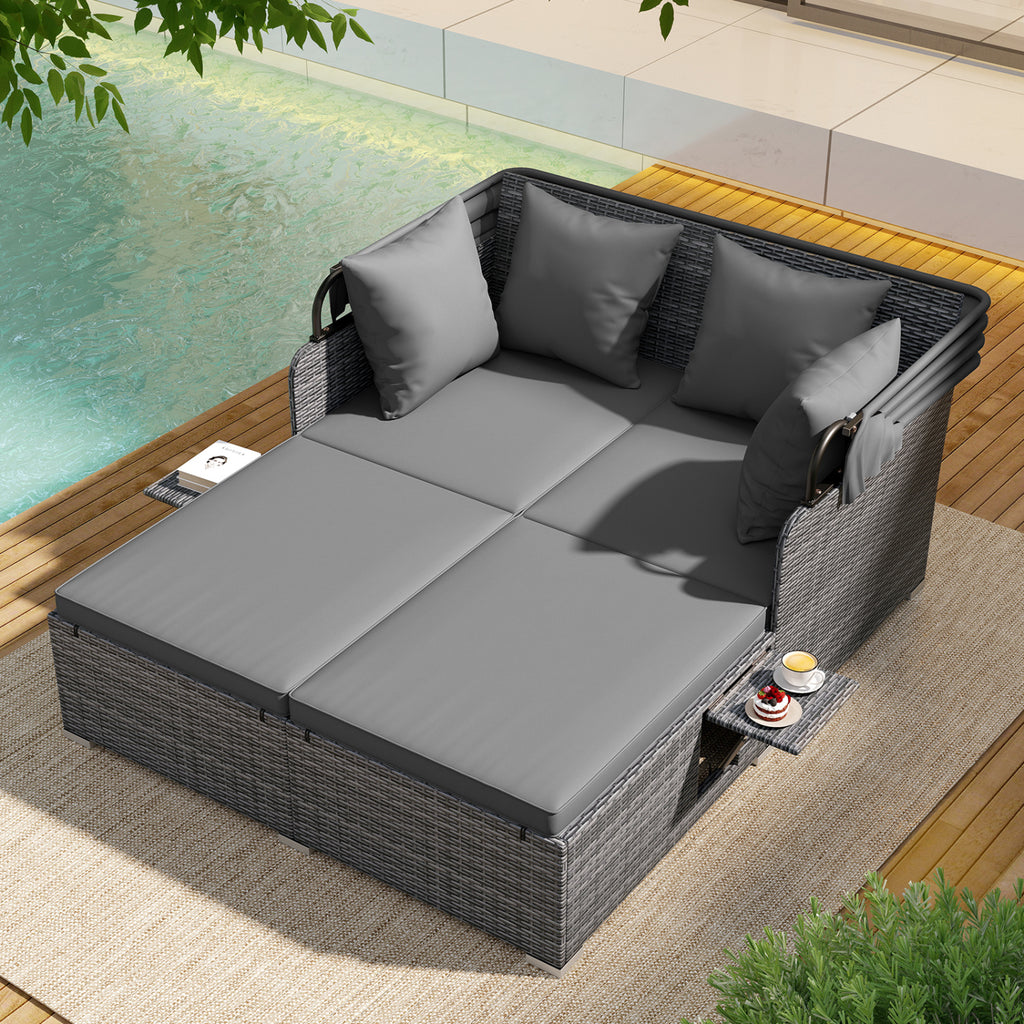 Patio Rattan Daybed with Retractable Canopy, Grey
