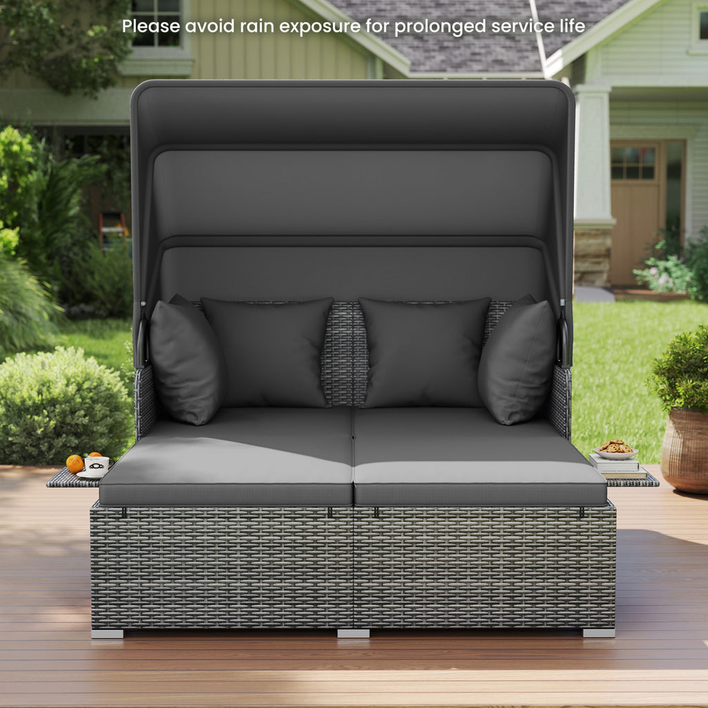 Patio Rattan Daybed with Retractable Canopy, Grey