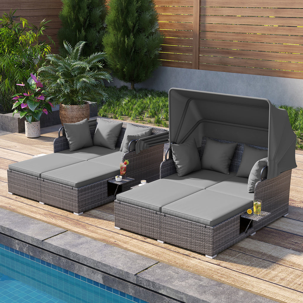 Patio Rattan Daybed with Retractable Canopy, Grey