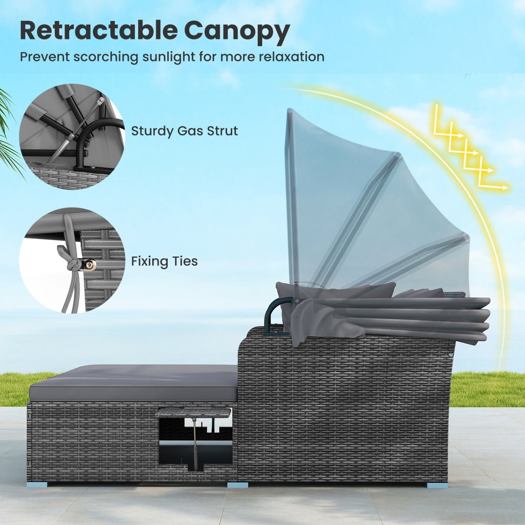 Patio Rattan Daybed with Retractable Canopy, Grey