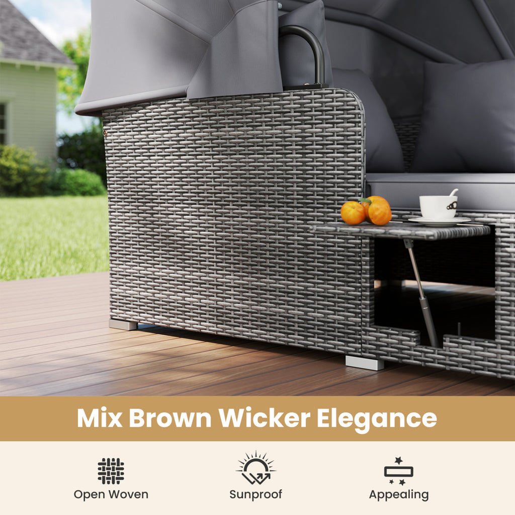 Patio Rattan Daybed with Retractable Canopy, Grey