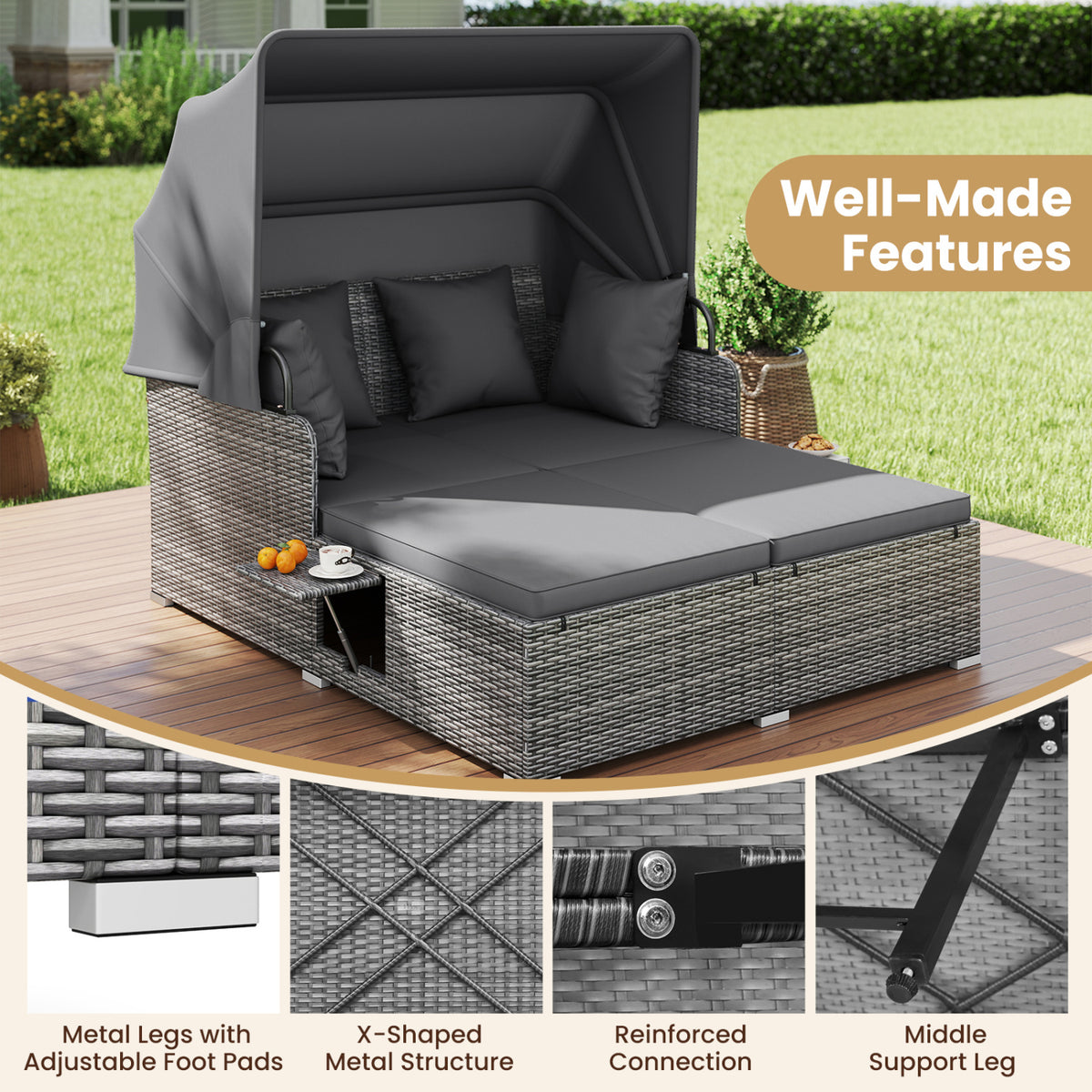 Patio Rattan Daybed with Retractable Canopy, Grey