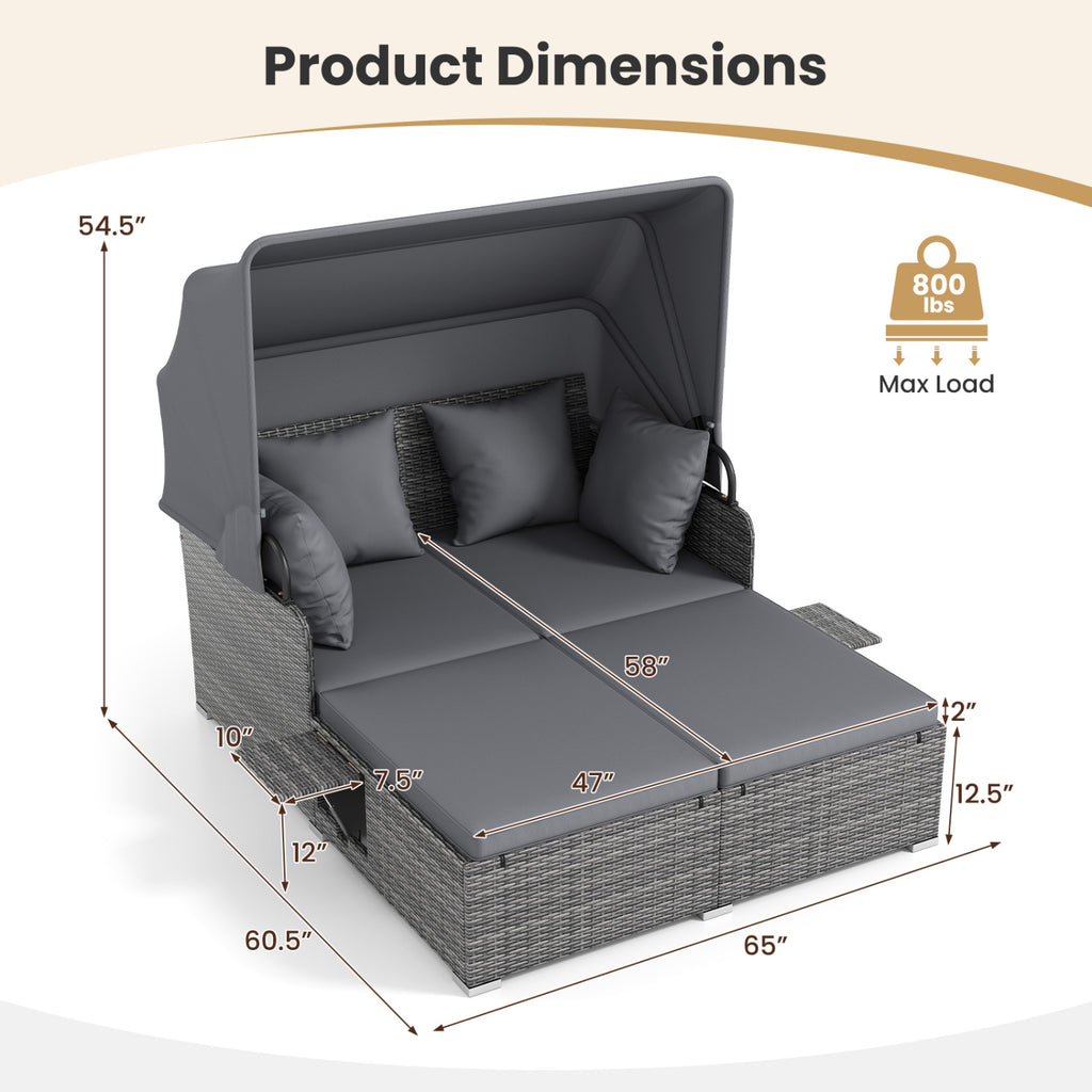 Patio Rattan Daybed with Retractable Canopy, Grey
