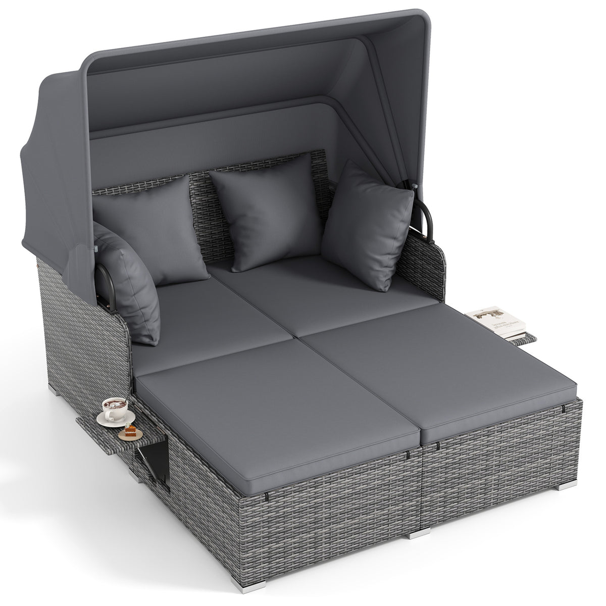 Patio Rattan Daybed with Retractable Canopy, Grey