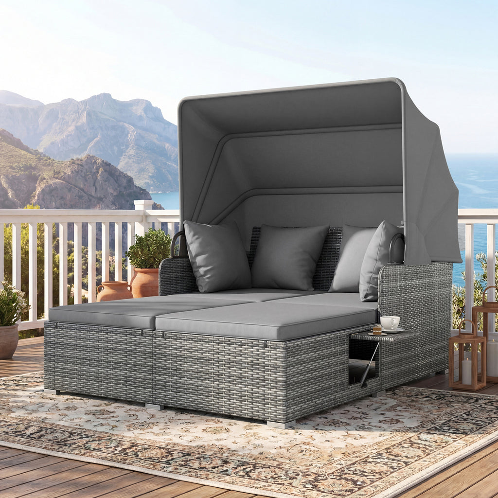 Patio Rattan Daybed with Retractable Canopy, Grey