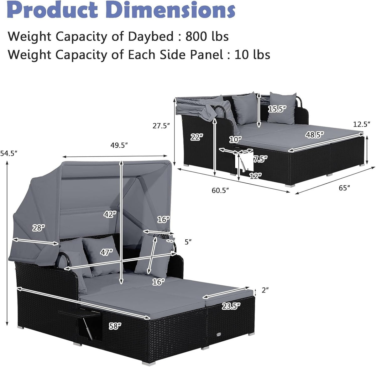 Patio Rattan Daybed with Retractable Canopy, Gray