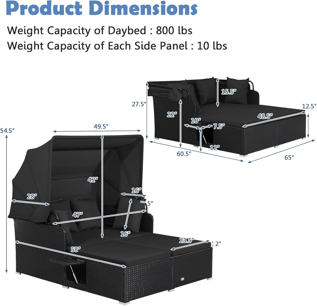 Patio Rattan Daybed with Retractable Canopy, Black