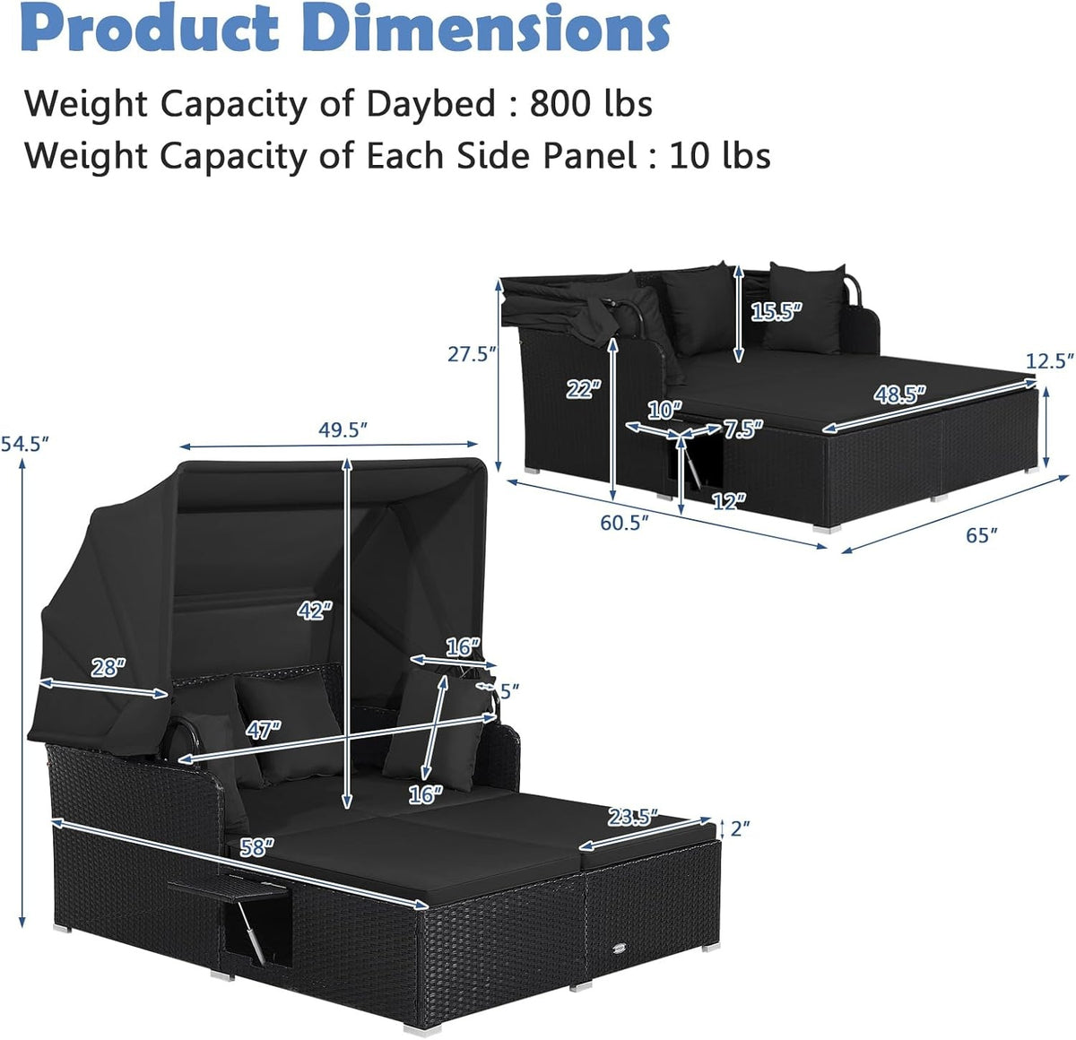 Patio Rattan Daybed with Retractable Canopy, Black