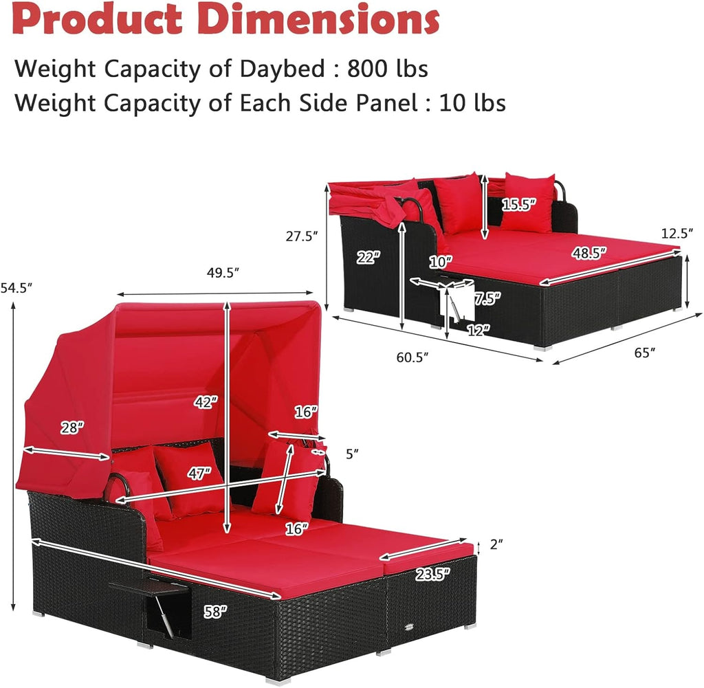 Patio Rattan Daybed with Retractable Canopy & Side Tables, Red