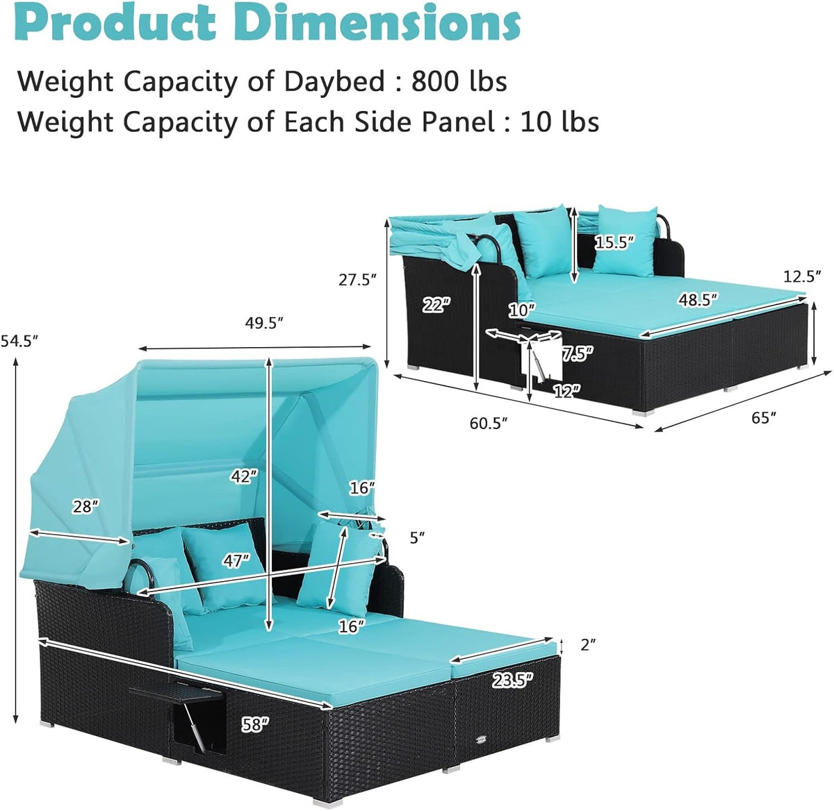 Patio Rattan Daybed with Retractable Canopy, Turquoise