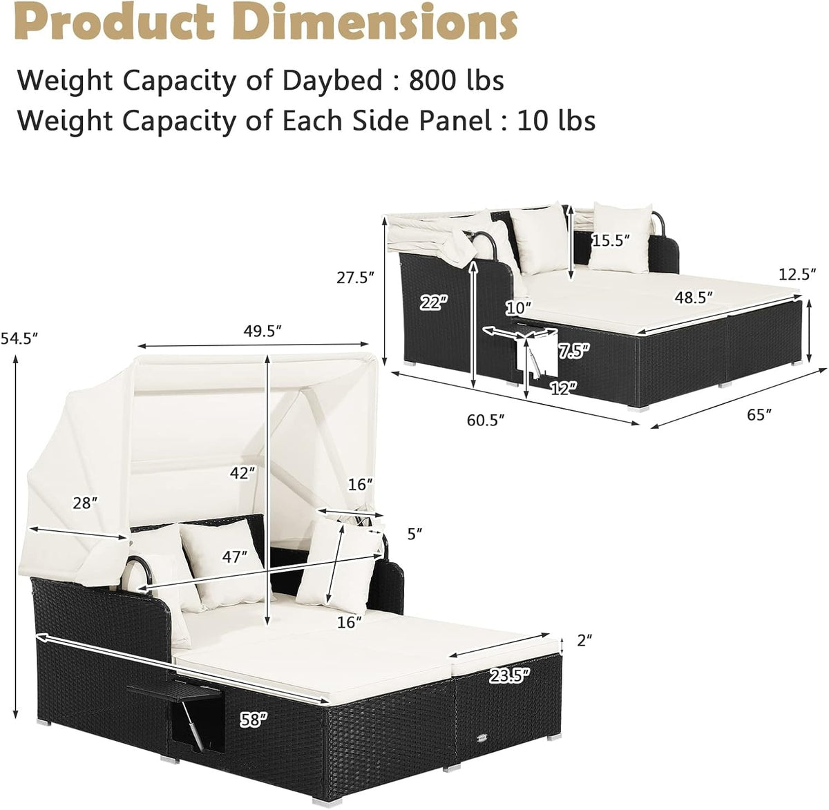 Patio Rattan Daybed with Retractable Canopy, Off White