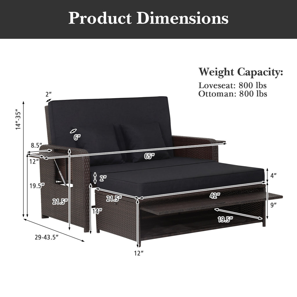 Patio Rattan Daybed with 4-Level Adjustable Backrest and Retractable