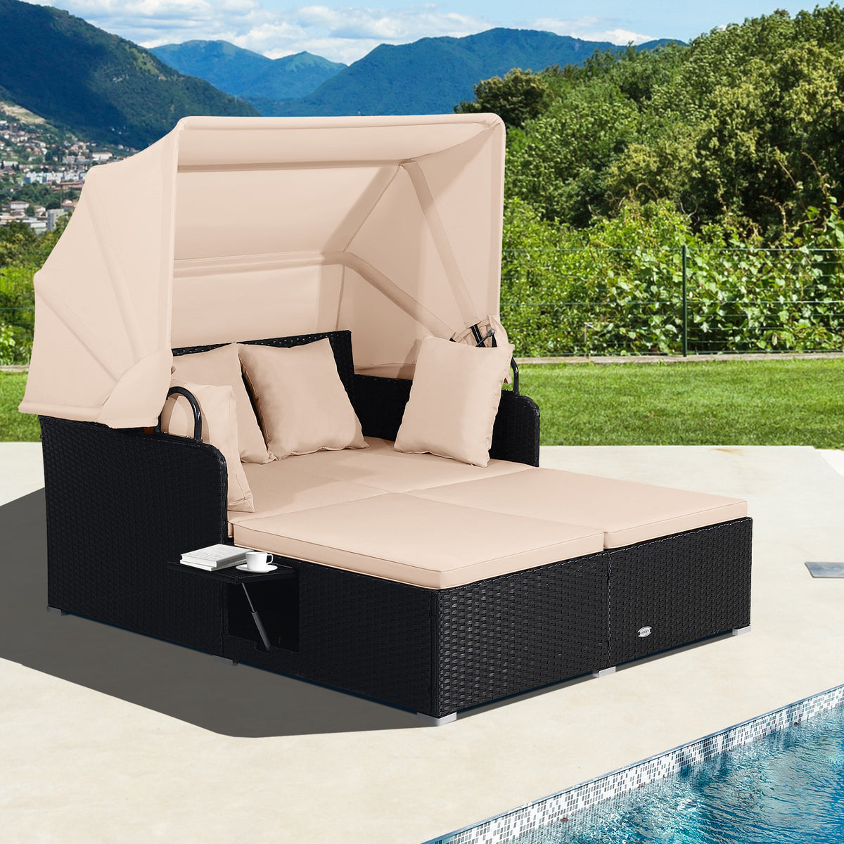 Patio Rattan Daybed with Retractable Canopy, Beige