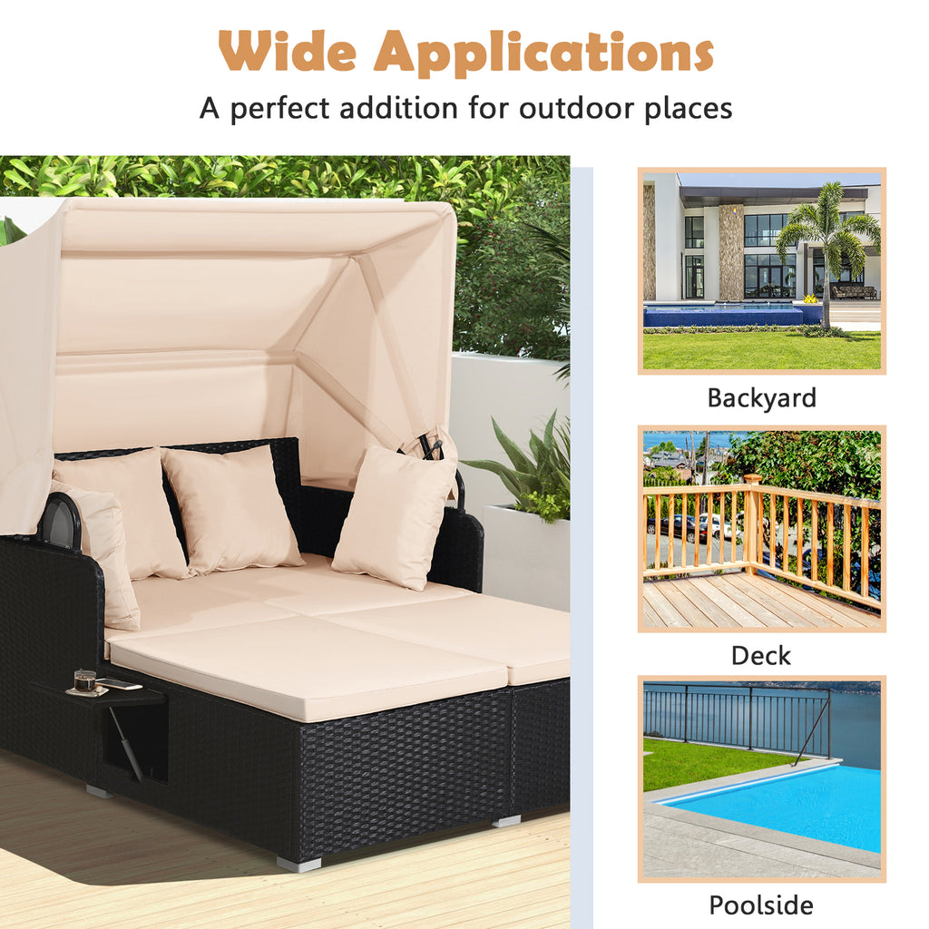 Patio Rattan Daybed with Retractable Canopy, Beige