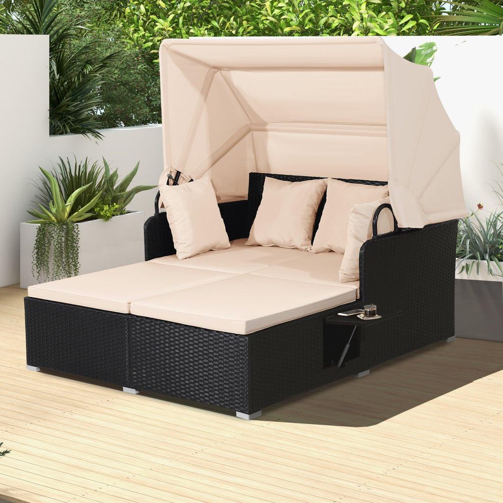 Patio Rattan Daybed with Retractable Canopy, Beige