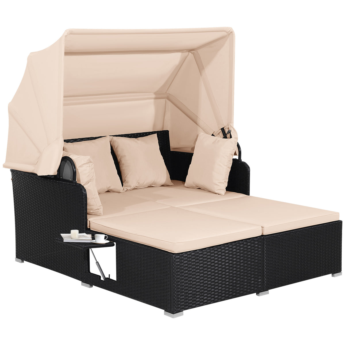 Patio Rattan Daybed with Retractable Canopy, Beige