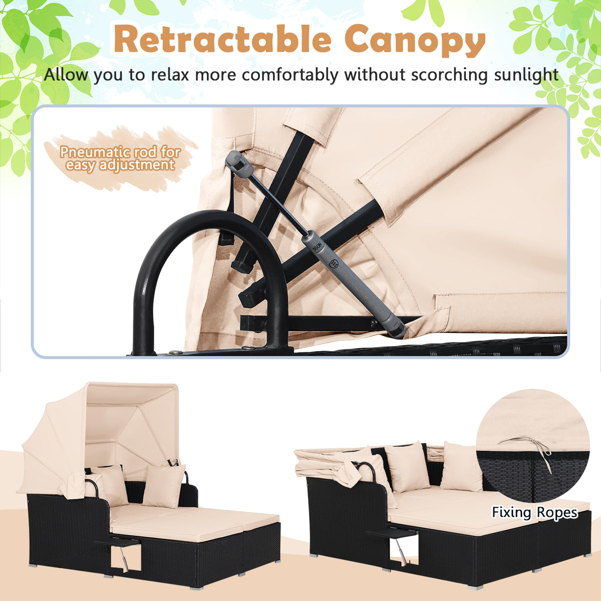 Patio Rattan Daybed with Retractable Canopy, Beige