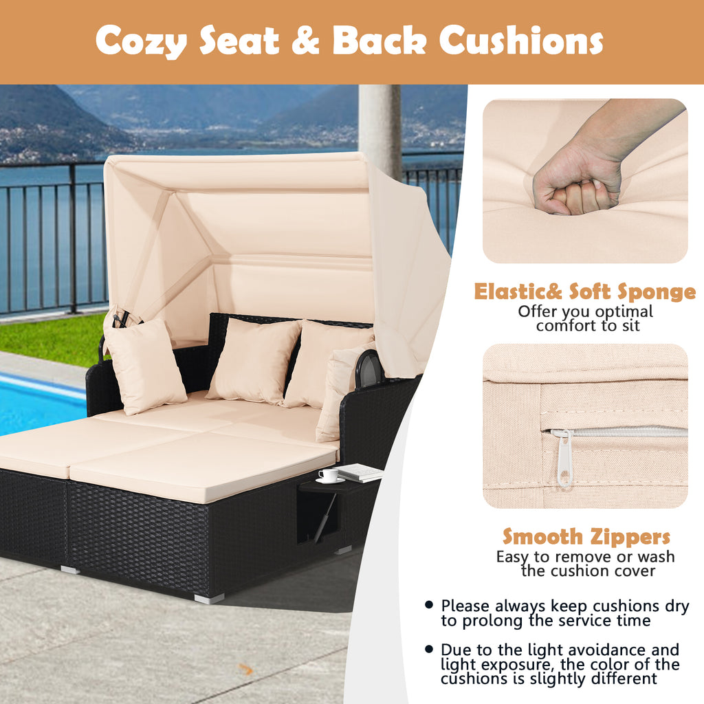 Patio Rattan Daybed with Retractable Canopy, Beige