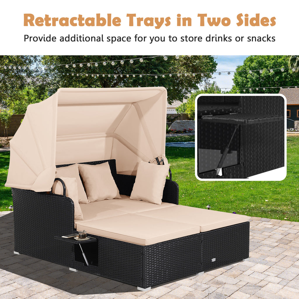 Patio Rattan Daybed with Retractable Canopy, Beige