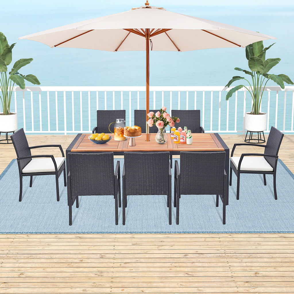9-Piece Patio Rattan Dining Set with Acacia Wood Table - L-shaped Handrail