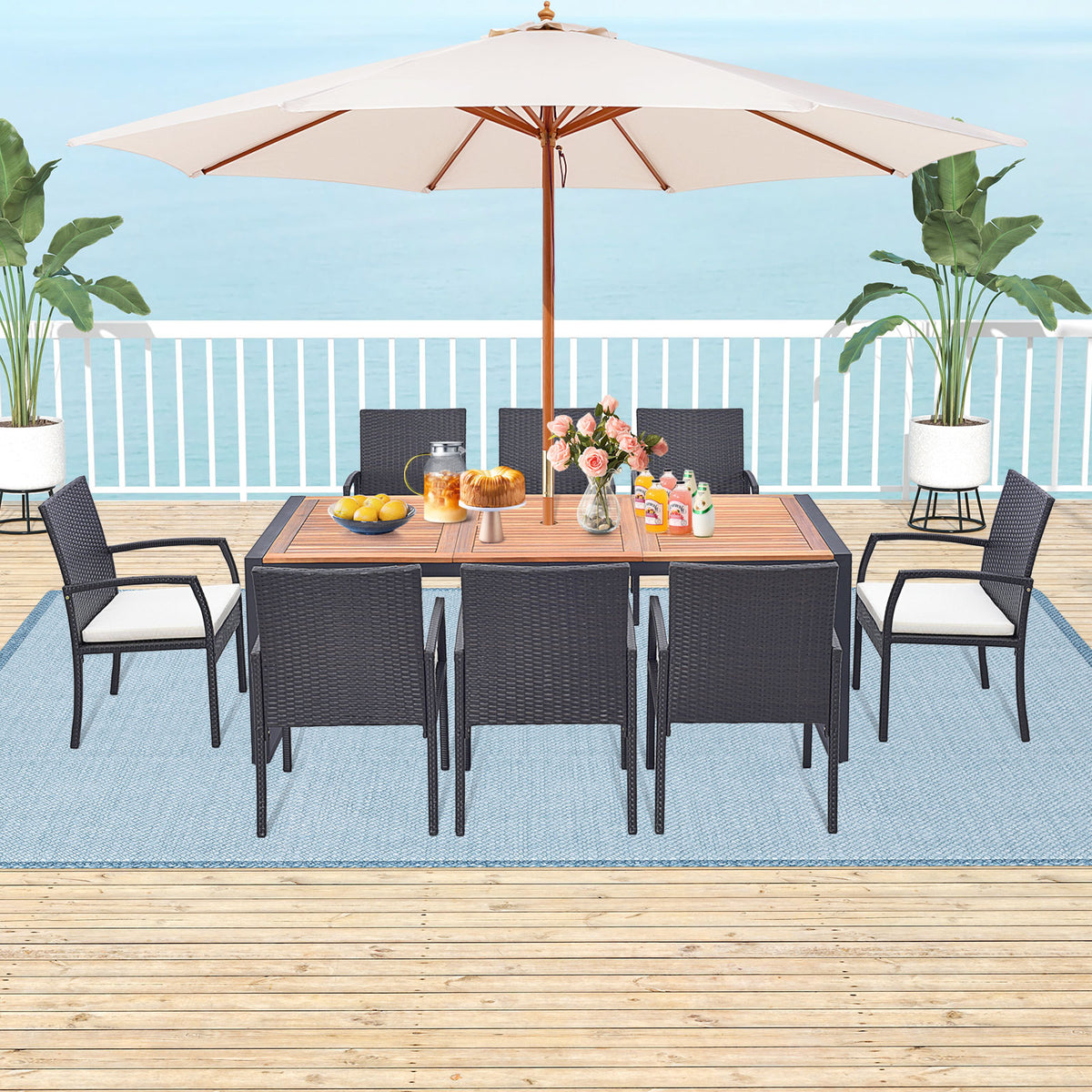 9-Piece Patio Rattan Dining Set with Acacia Wood Table - L-shaped Handrail