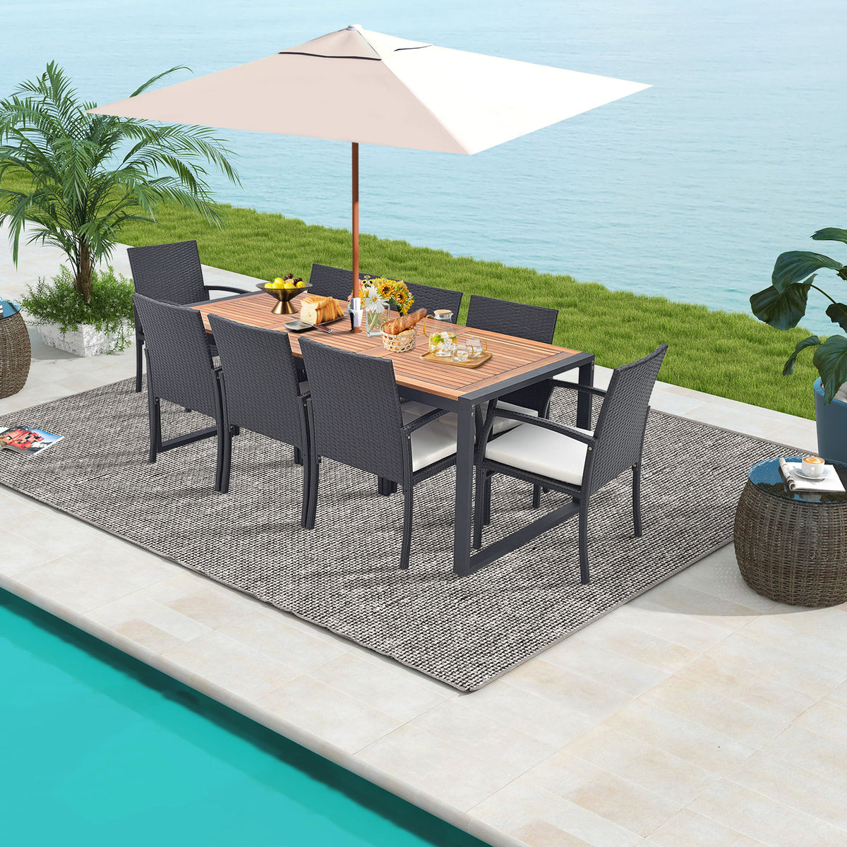 9-Piece Patio Rattan Dining Set with Acacia Wood Table - L-shaped Handrail