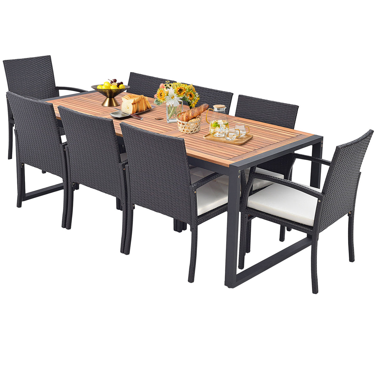 9-Piece Patio Rattan Dining Set with Acacia Wood Table - L-shaped Handrail