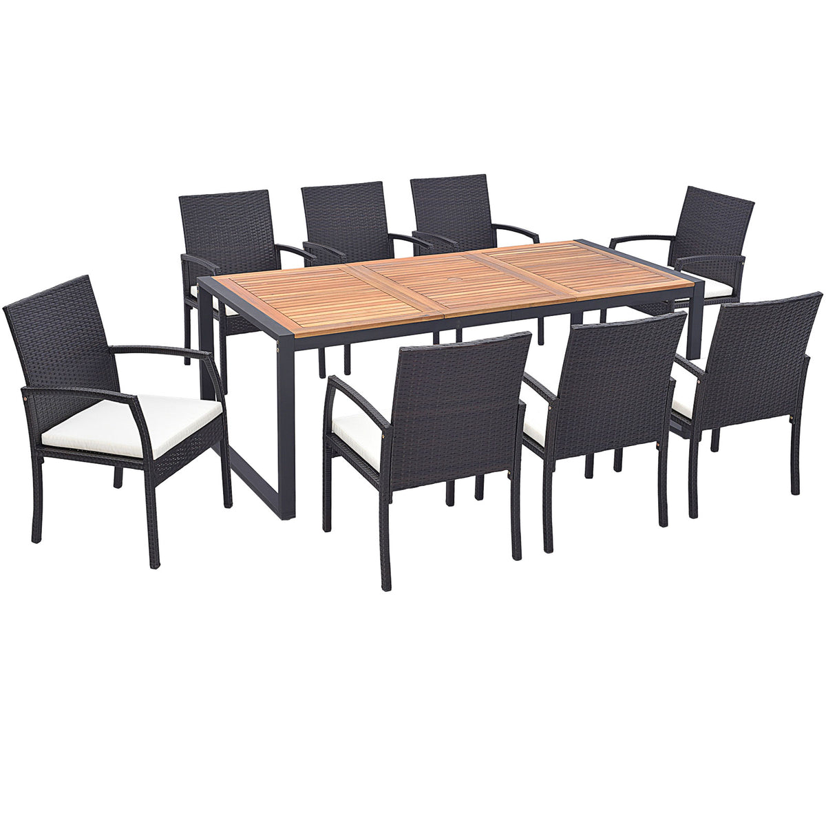 9-Piece Patio Rattan Dining Set with Acacia Wood Table - L-shaped Handrail