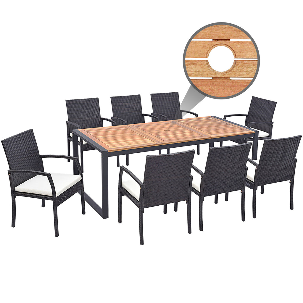 9-Piece Patio Rattan Dining Set with Acacia Wood Table - L-shaped Handrail
