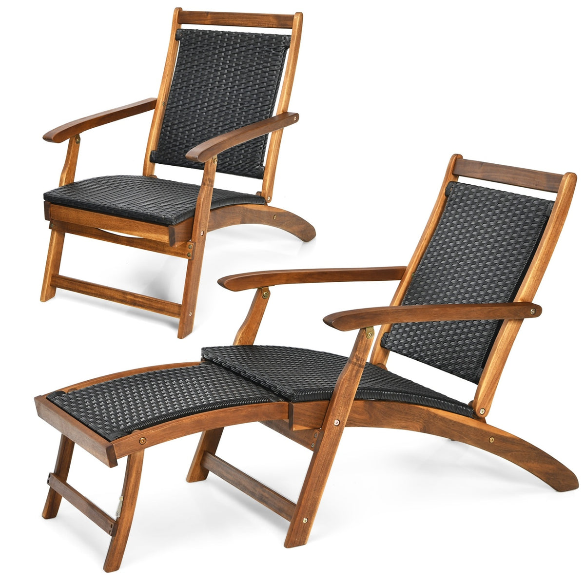 Acacia Wood Patio Lounge Chair with Rattan & Footrest