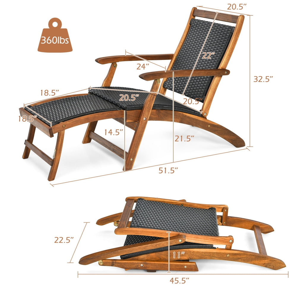 Patio Rattan Folding Lounge Chair Set of 2 - Acacia Wood