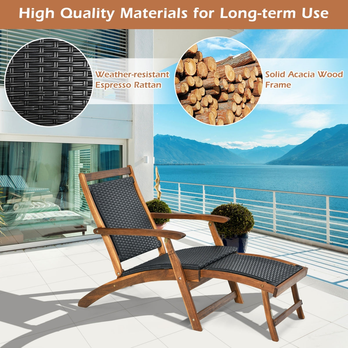 Patio Rattan Folding Lounge Chair Set of 2 - Acacia Wood