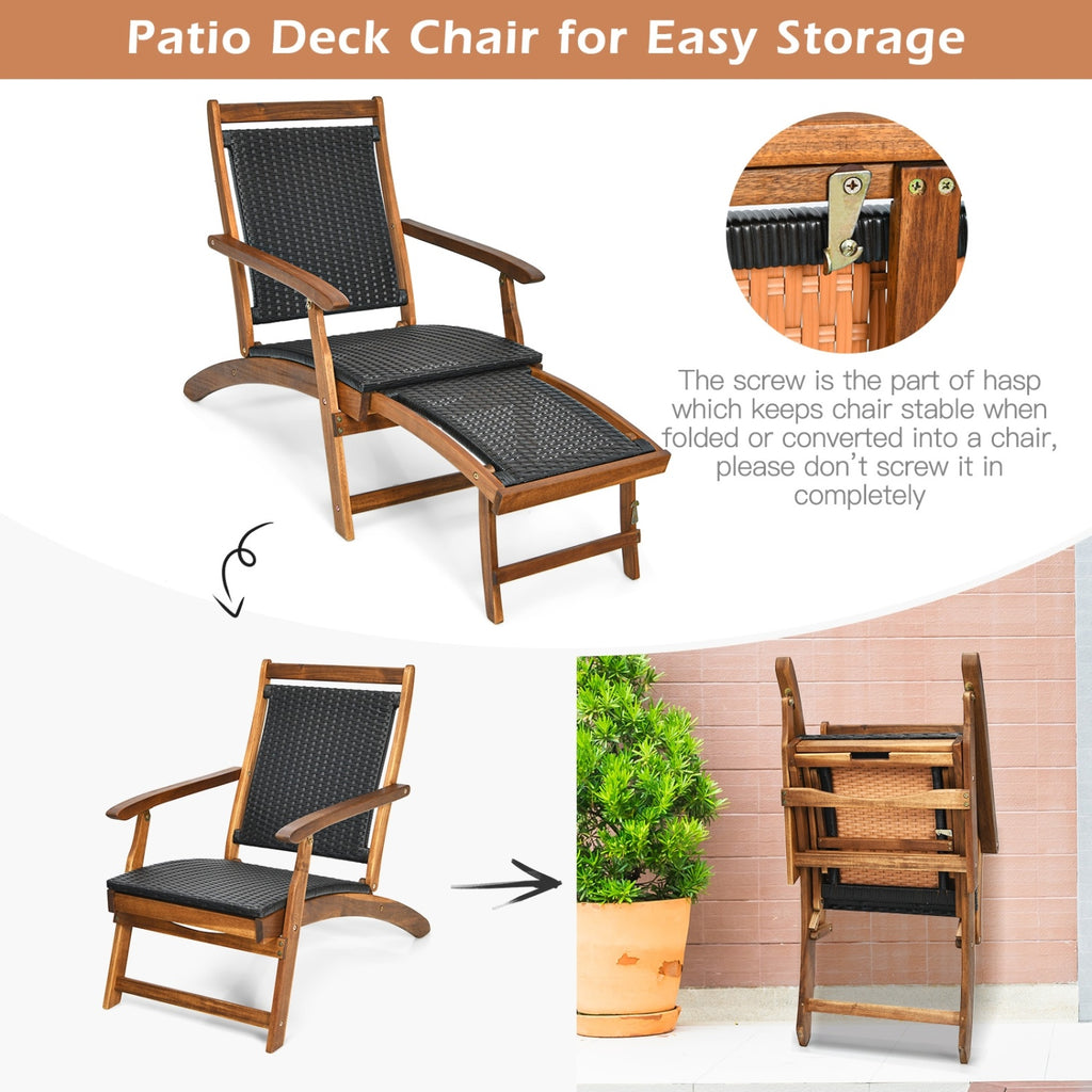 Patio Rattan Folding Lounge Chair Set of 2 - Acacia Wood