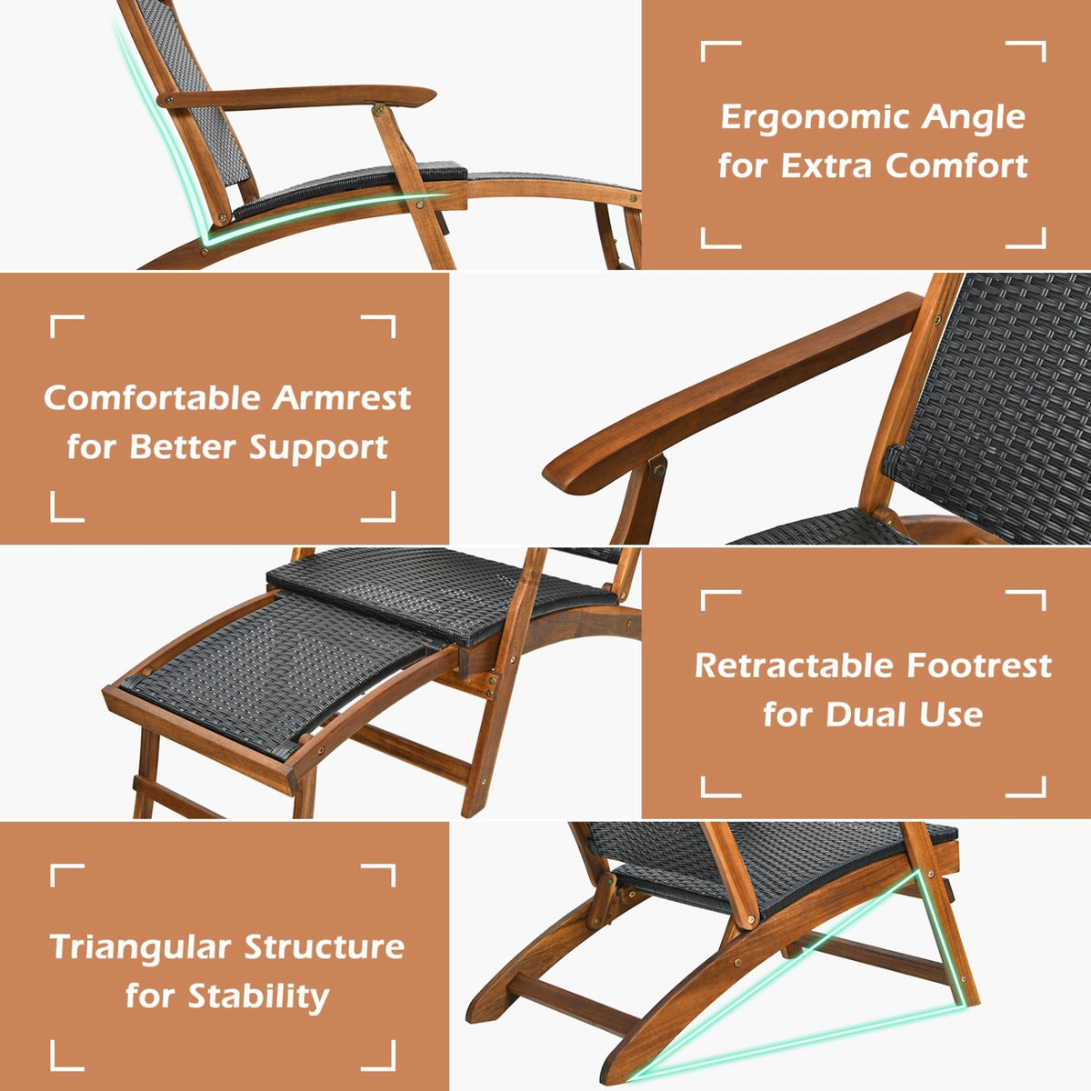 Patio Rattan Folding Lounge Chair Set of 2 - Acacia Wood