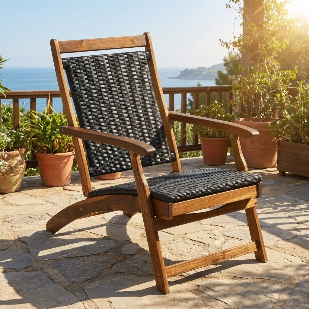 Patio Rattan Folding Lounge Chair Set of 2 - Acacia Wood