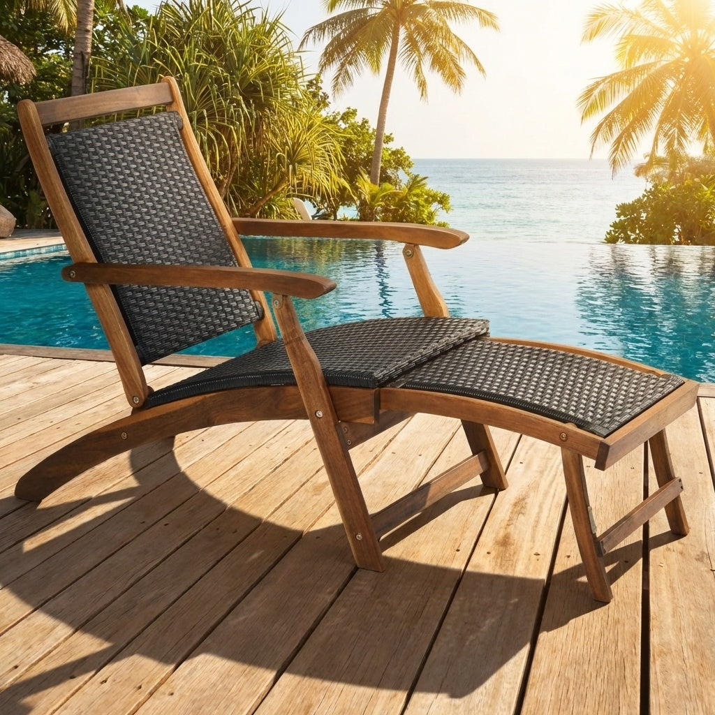 Patio Rattan Folding Lounge Chair Set of 2 - Acacia Wood