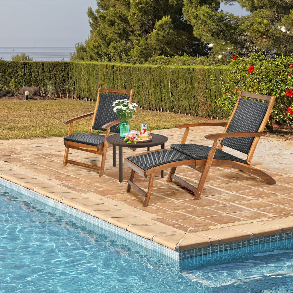 Patio Rattan Folding Lounge Chair Set of 2 - Acacia Wood