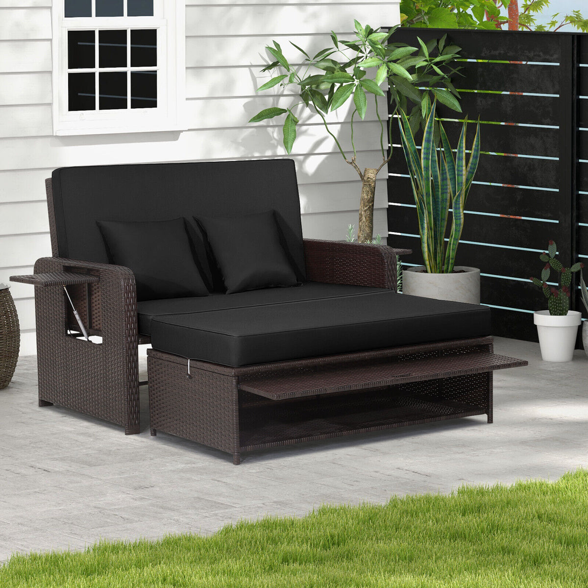 Patio Rattan Daybed with 4-Level Adjustable Backrest and Retractable Side Tray – Black