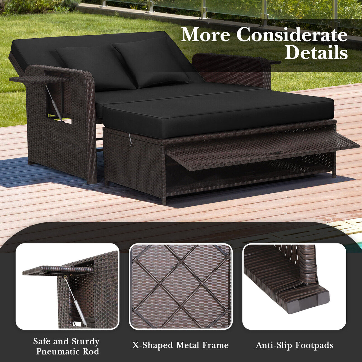 Patio Rattan Daybed with 4-Level Adjustable Backrest and Retractable Side Tray – Black