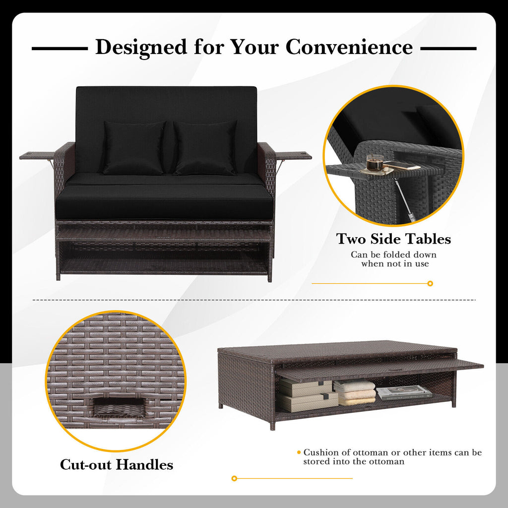 Patio Rattan Daybed with 4-Level Adjustable Backrest and Retractable Side Tray – Black