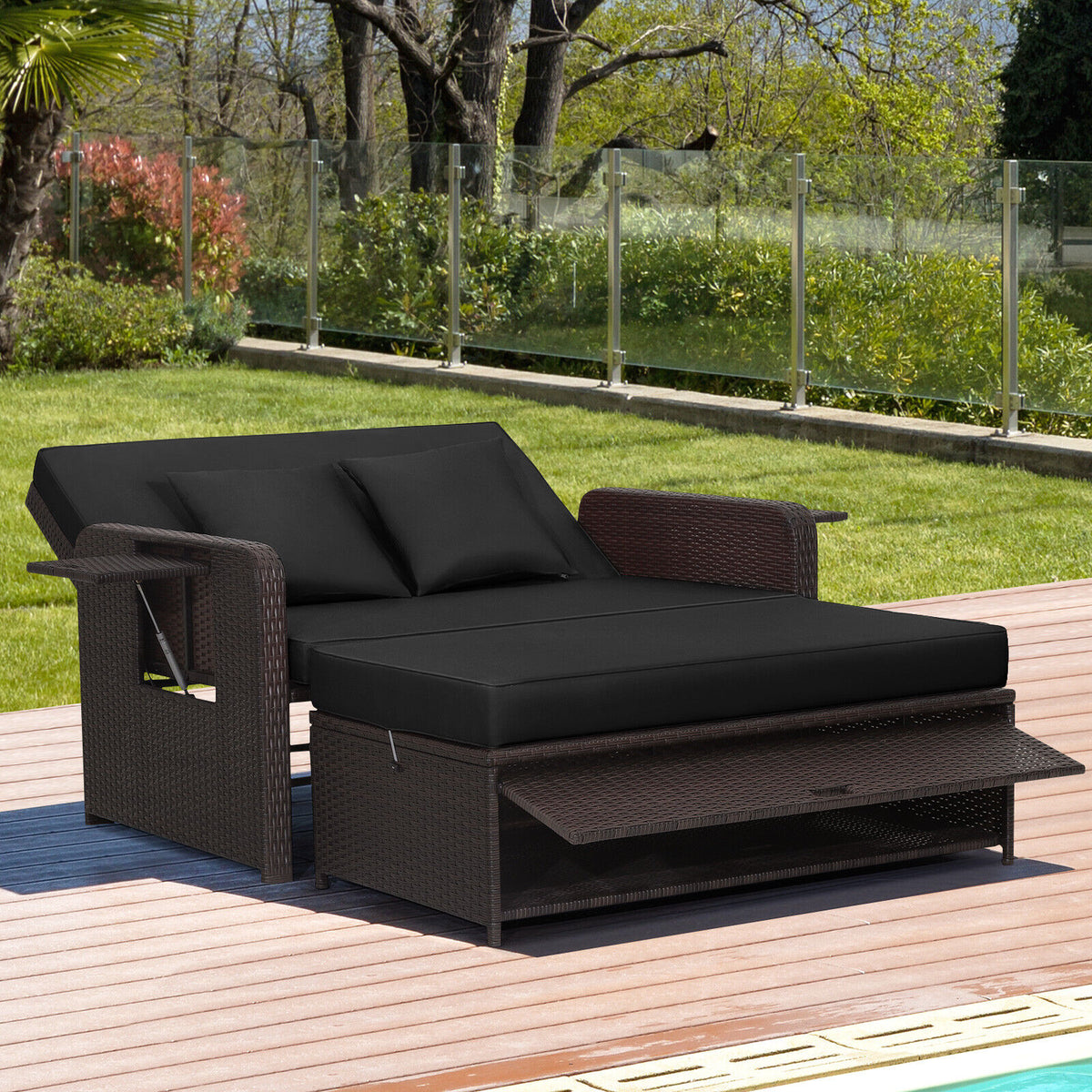 Patio Rattan Daybed with 4-Level Adjustable Backrest and Retractable Side Tray – Black