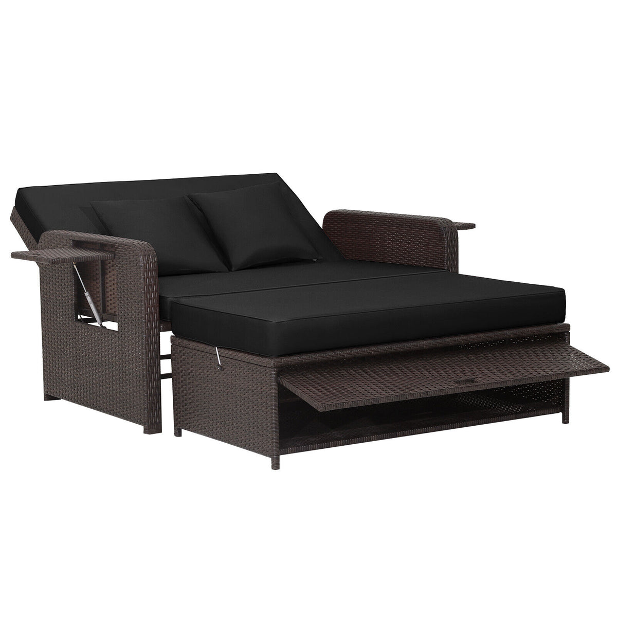 Patio Rattan Daybed with 4-Level Adjustable Backrest and Retractable Side Tray – Black