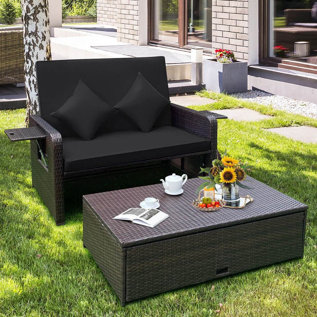 Patio Rattan Daybed with 4-Level Adjustable Backrest and Retractable Side Tray – Black