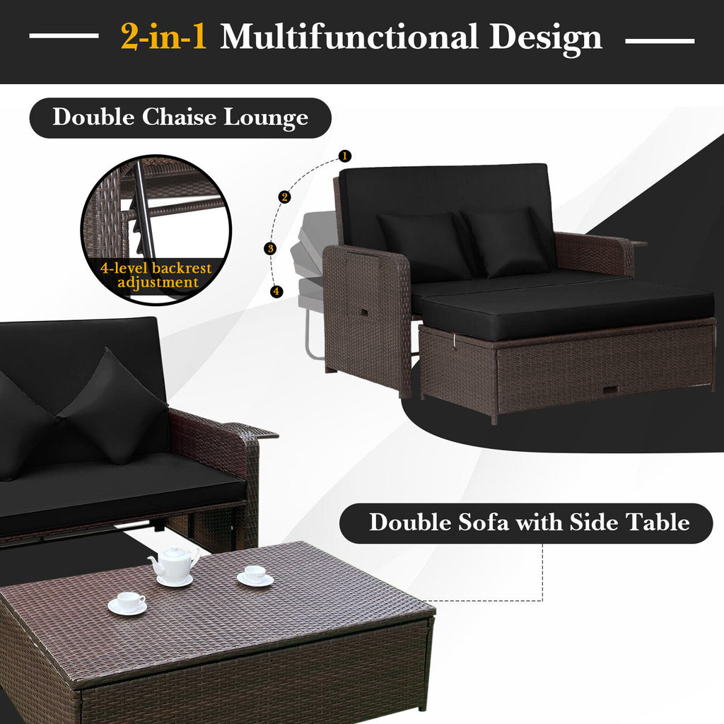Patio Rattan Daybed with 4-Level Adjustable Backrest and Retractable Side Tray – Black