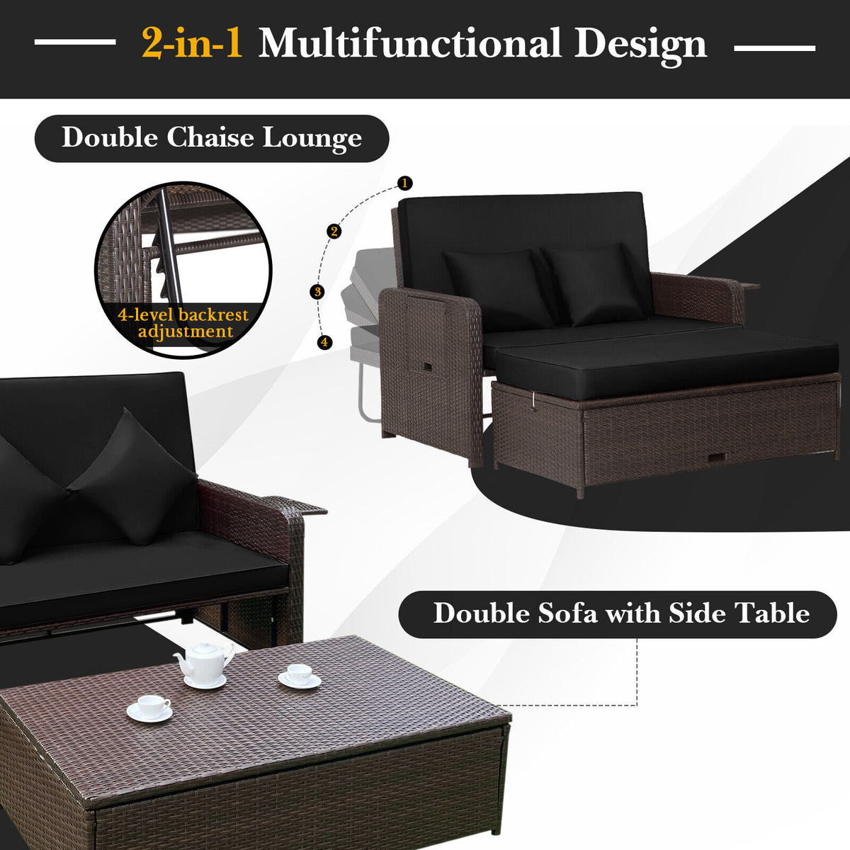Patio Rattan Daybed with 4-Level Adjustable Backrest and Retractable Side Tray – Black