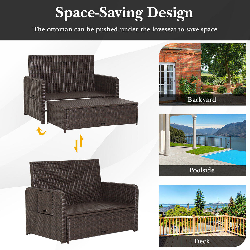 Patio Rattan Daybed with 4-Level Adjustable Backrest and Retractable Side Tray – Black