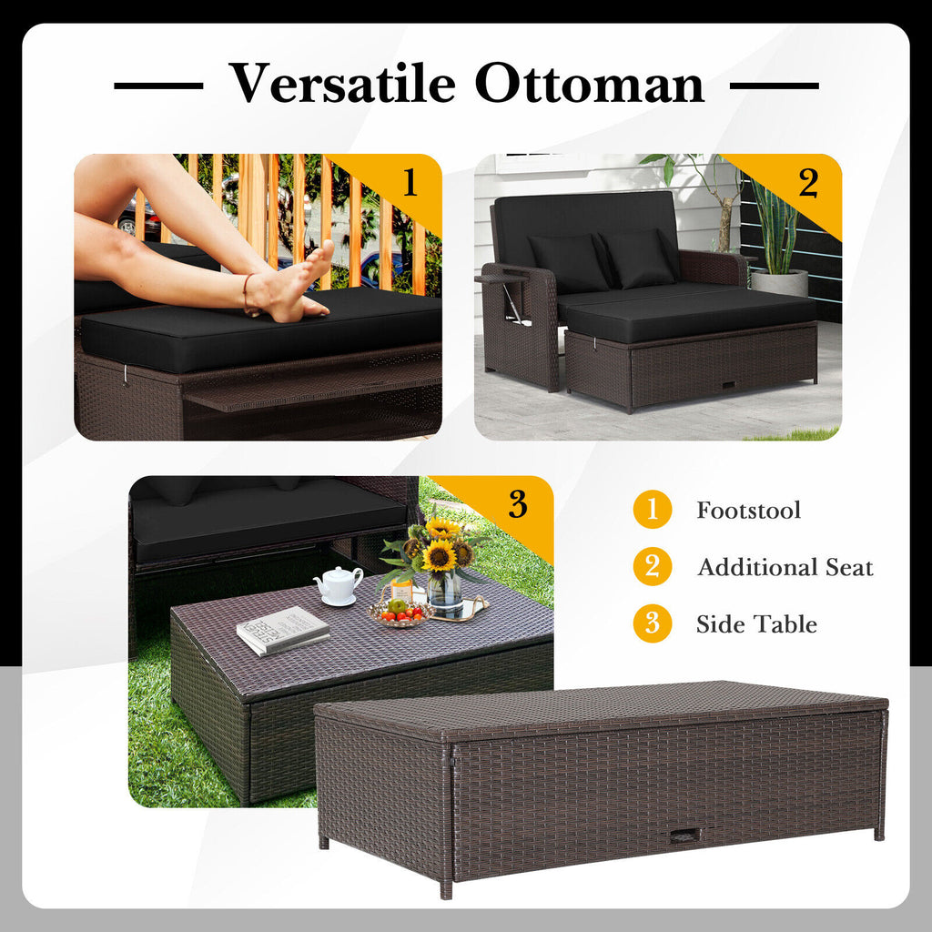 Patio Rattan Daybed with 4-Level Adjustable Backrest and Retractable Side Tray – Black
