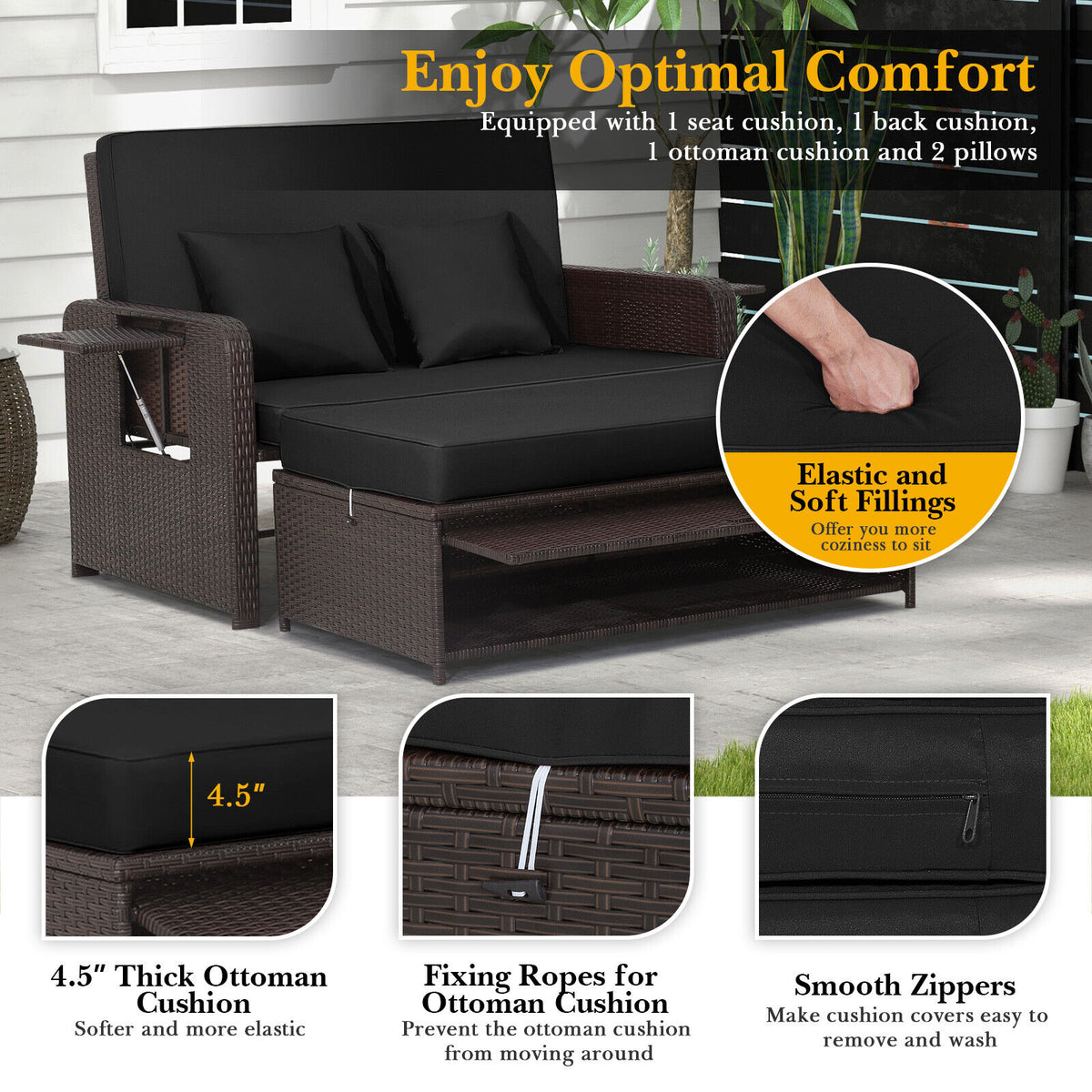 Patio Rattan Daybed with 4-Level Adjustable Backrest and Retractable Side Tray – Black
