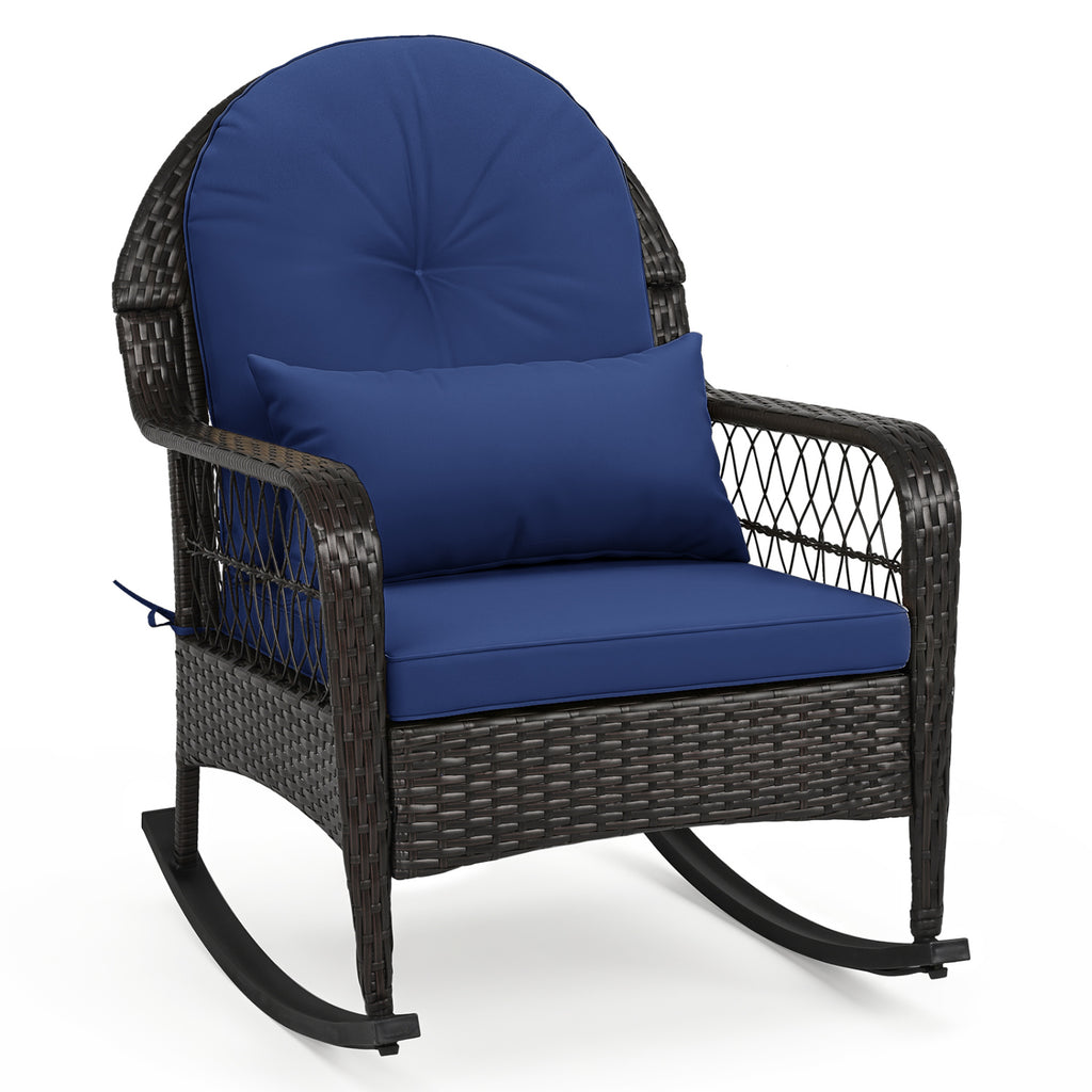 Patio Rattan Rocking Chair with Cushions - Brown, Navy